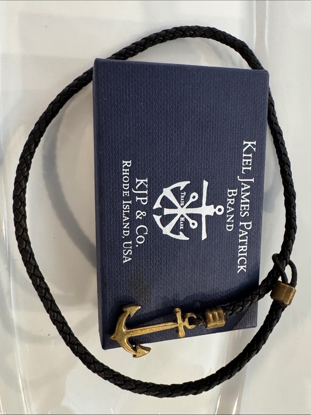 NIB Kiel James Patrick Black Braided Leather Necklace with Gold Anchor